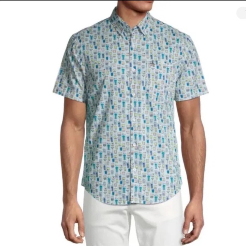 Original Penguin Men's Cocktail Print Short Sleeve Button-Down Shirt -Size M